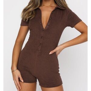 White fox Terry Cloth Button-Up Romper Playsuit chocolate brown